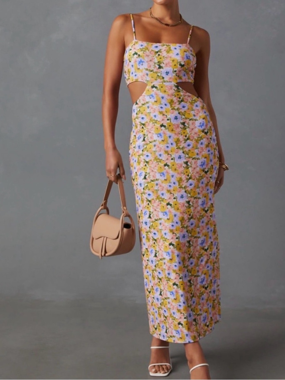 VICI Floral Cutout Maxi Dress in Yellow & Blue